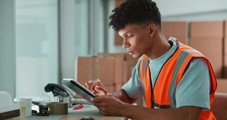 Aufkleber - Logistics, boxes and man in warehouse with tablet for inspection, delivery and supply chain distribution. Shipping, package and courier on digital app for checklist, inventory management or ecommerce