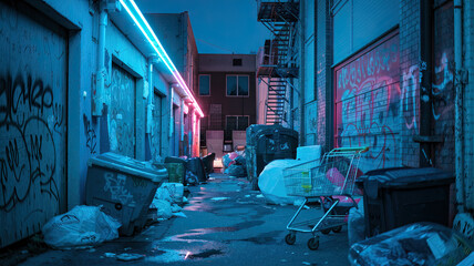 Sticker - Alley with Neon Lights, Garbage, and Graffiti at Night, Urban Street Scene, Dark and Moody Atmosphere, Street Art, City Backstreet, Neon Glow, Abandoned Urban Environment, Graffiti Artwork