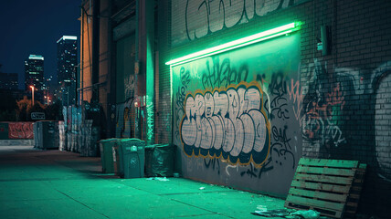 Sticker - Alley with Neon Lights, Garbage, and Graffiti at Night, Urban Street Scene, Dark and Moody Atmosphere, Street Art, City Backstreet, Neon Glow, Abandoned Urban Environment, Graffiti Artwork