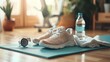© Fana Art - Home fitness shoes, water, mat, watch.