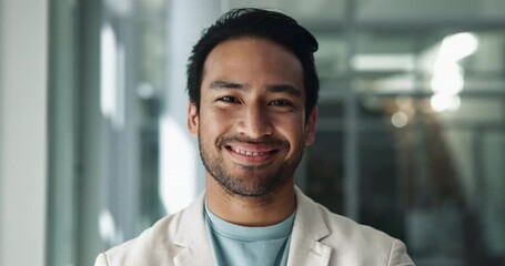 Aufkleber - Happy, face and entrepreneur with business man in office for creative director, magazine publication and pride. Professional, confidence and brand manager with person in agency for career and startup