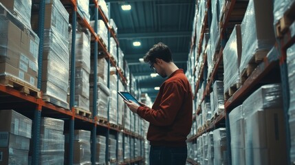 Warehouse employee checks goods on shelves.