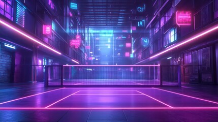 Poster - Neon-lit alleyway with a vibrant badminton court at night.