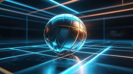 Fototapete - Futuristic metallic sphere on glowing grid.