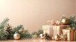 © Ika P - Merry Christmas and happy New Year background. Merry Christmas and Happy Holidays greeting card. Christmas scene with a tree, gift box, ribbon bows, and snowflakes. Winter xmas holiday. Copy space
