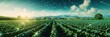 © NDmCX-Nic - A vibrant landscape of rows of crops under a bright sky, blending nature with digital elements, symbolizing innovation in agriculture.