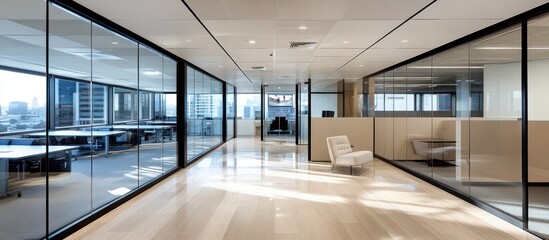 Wall Mural - Modern office interior with glass partitions, light wood floors, and a comfortable chair.