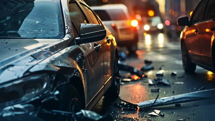 Wall Mural - Dramatic Car Accident Scene on a City Street Road at Sunset with Smoke and Fire Debris