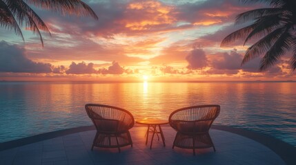 Wall Mural - Romantic sunset view from patio chairs on tropical beach.