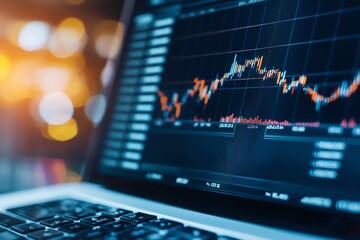 Poster - A close-up of a laptop screen displaying dynamic stock market graphs and data, symbolizing financial trends and investment analytics in a modern workspace.