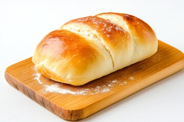 Wall Mural - A close-up of freshly baked artisan bread with a golden crust, resting on a rustic wooden board, surrounded by a dusting of flour