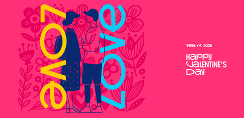 Wall Mural - Playful Valentine's poster featuring a couple surrounded by pink floral motifs, bold LOVE typography, and festive elements for Feb 14 celebrations.