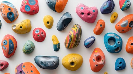 Fototapete - Colorful climbing holds scattered on a white background.