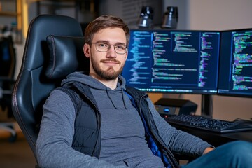 Poster - A computer programmer in a dimly lit workspace, with multiple monitors showing lines of colorful code