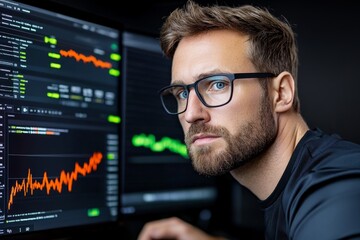 Poster - A cybersecurity expert working on a computer with a dark interface, monitoring real-time data and alerts