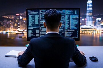 Poster - A cybersecurity expert working on a computer with a dark interface, monitoring real-time data and alerts