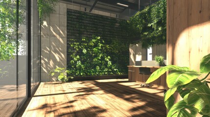 Poster - Sunlit modern office with large vertical garden and wooden floors.