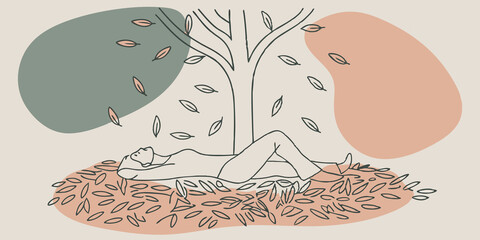 Poster - Cozy Nook A figure reclines on a soft bed of pine needles beneath a large tree. With their eyes closed they listen to the distant sound of birds chirping while surrounding them are