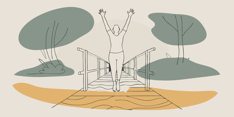 Poster - Deep Breathing with Arm Stretch Standing on a wooden bridge that crosses a tranquil stream a person raises both arms overhead interlacing their fingers. They take a slow deep