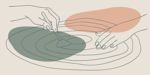 Poster - Embracing the Flow One hand extends down gently placing a flat stone a a swirling pattern in the sand. The other hand holds a small brush ready to create delicate strokes