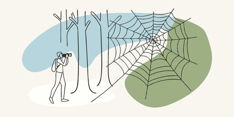 Poster - Engaged with Nature A figure is strolling along a forest path old camera in hand stopping to marvel at a delicate spider web glistening with dew. Their attention is fully on the