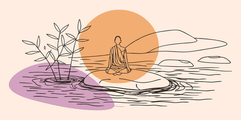 Poster - Evening Calm A person is positioned on a large flat rock at the edge of the river enveloped in the warm glow of the setting sun. Their silhouette is framed by the glowing light