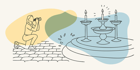 Poster - Evening Harmony A person captures the beauty of the moment with a camera kneeling on the stone path next to the fountain. The surrounding candles illuminate their face while the