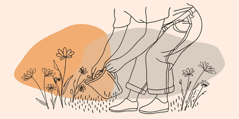 Poster - Exploring a Meadow A person steps into a sunny clearing filled with wildflowers bending down to collect blooms and leaves of chamomile. They hold a small cloth bag in one hand