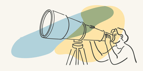 Poster - Eye to the Stars A side view of a person peering through the telescope. Their face is illuminated by the soft light of the stars with a look of awe and curiosity. The telescope