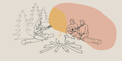 Poster - Flickering Flames A cozy scene with a crackling campfire surrounded by a group of friends sitting on logs and blankets. One friend strums an acoustic guitar their face illuminated