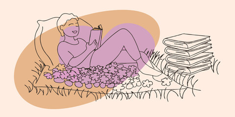 Aufkleber - Floral Hideaway Nestled on a cozy blanket laid on lush grass an individual leans back against a mound of soft petals from nearby blossoms. A stack of books lies beside them and