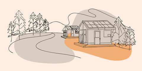 Poster - Forest Pathway A winding pathway leads through the forest connecting a series of tiny homes cloaked in vibrant greenery. Each home features a sustainable design highlighted by