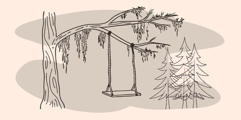 Poster - Forest Serenity A simple wooden swing sways gently in a quiet glade suspended from a strong branch draped with hanging moss. The earthy scent of the forest surrounds the swing