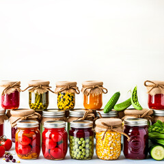 Poster - A row of arranged glass jars with a variety of pickled vegetables and fruits. Home Canning. Place for text