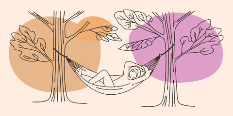 Poster - Forest Serenity A cozy hammock is suspended between two tall oak trees leaves rustling gently in the breeze. A person lies back wearing a sun hat as sunlight filters through the
