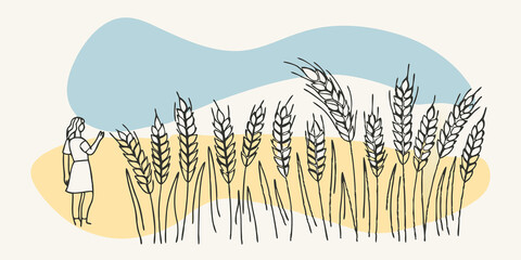 Poster - Gentle Breeze The wheat field is filled with tall swaying stalks that dance in the breeze. The persons hair blows softly with the wind creating a serene atmosphere as they absorb