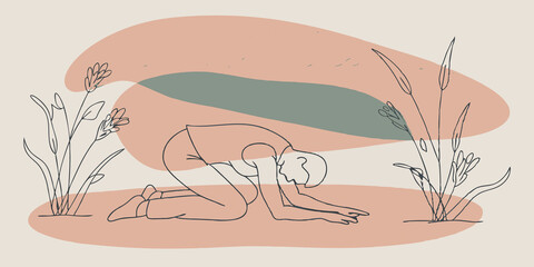 Poster - Grounded Connection A person kneeling on the grass with one hand on the ground and the other resting on their heart displaying a moment of connection with nature surrounded by tall