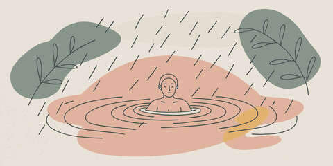 Poster - Gentle Rain Picture a tranquil hot spring during a light ra. A person floats serenely the raindrops creating tiny ripples on the waters surface while the air is fresh and electric.