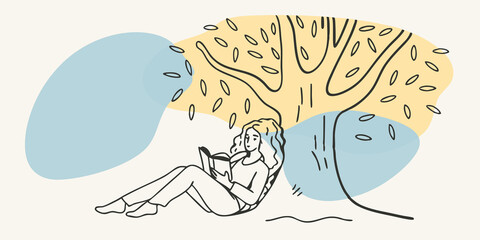 Poster - Gentle Breeze A tranquil scene features a woman leaning against a sy oak the wind playfully rustling the pages of her poetry book. She closes her eyes briefly taking a deep breath
