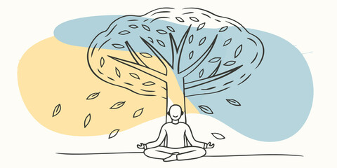 Poster - Gentle Breeze The breeze rustles the leaves overhead creating a soothing sound that blends with the soft whispers of nature. One meditator smiles slightly feeling the cool air on