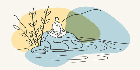 Poster - Granite Stone Seat A person is seated on a large granite stone by a stream with the soft light of dawn flickering on the water. They meditate in silence tuning into the sounds of