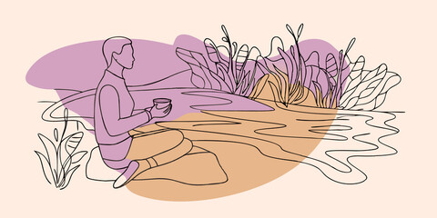 Poster - Instant Relaxation Kneeling by the edge of the stream a figure takes a moment to admire the scenery with a cup of herbal tea resting on their knees. The sound of rushing water