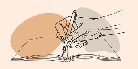 Aufkleber - Inspiration from Nature A closeup of the journalists hands gripping a fountain pen with a few ink blots dotting the page. In the background glistening droplets from the fountain
