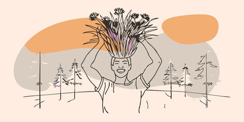 Poster - Joyful Creation A person stands in a grassy clearing with laughter lighting up their face as they hold a freshly made grass crown above their head. The crown is vibrant and full