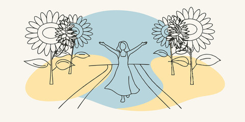 Poster - Joyful Exploration A person wearing a light flowing dress dances down a sunflower path arms outstretched as if embracing the joy of sunny day. The sunflowers stand tall towering