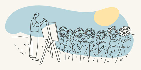 Poster - Joyful Scene A wide shot capturing the entire scenethe artist the easel and the overwhelming field of sunflowers. The sun hangs low in the sky casting golden light and illuminating