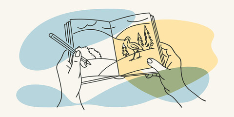 Poster - Joyful Discovery The persons face lights up in delight as they spot a rare bird in the distance. They hold their pencil ready sketchbook open capturing the essence of the moment