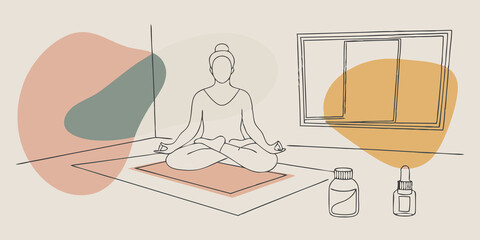 Poster - Mindful Meditation The illustration depicts a person sitting crosslegged on a yoga mat eyes closed in meditation. A calming blend of essential oils sits next to them and a few