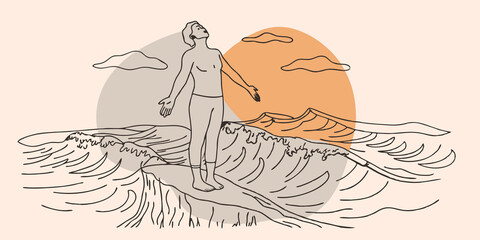 Poster - Meditative Pause In a serene moment the person closes their eyes while standing tall in a mountain pose breathing deeply. The sound of crashing waves and the salty scent of the
