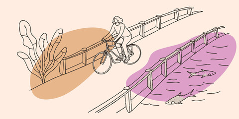 Poster - Meandering River Illustrate a bike rider gliding along a path beside a sparkling river. The water reflects the blue sky above and the cyclist leans slightly to peer at the fish